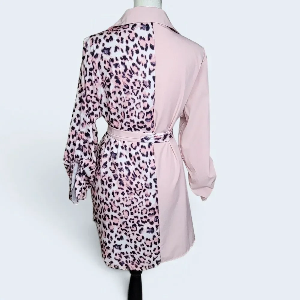 SHEIN Pink/Black Leopard Print Button Down Long Shirt XL Belted Long Sleeve - Picture 2 of 8